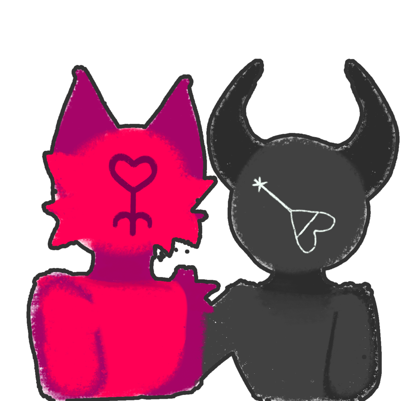 On the right is a pink anthro catlike creature with the xenogender symbol made with a heart on their face, on the right is a black figure with horns with the no gender/nonbinary symbol made with a heart on its face.
